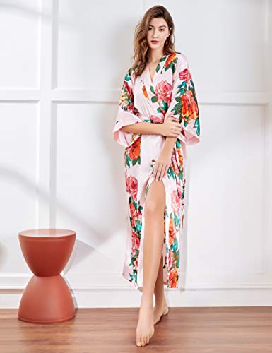 Coucoland Bata de verano para mujer, con estampado de flores, albornoz largo, kimono, bata de noche para mujer rosa Talla única