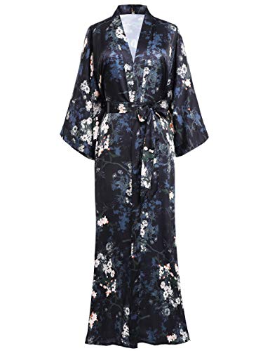 Coucoland Kimono largo para mujer, bata de satén floral, kimono largo, estilo chino japonés, para ropa de noche, fiesta, boda, pijama, fiesta
