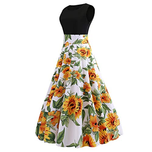 COZOCO Cuello Redondo de Las Mujeres Cintura Estampado Floral Costura Vestido sin Mangas Vestido de Fiesta Cóctel Fiesta Verano（Amarillo，M）