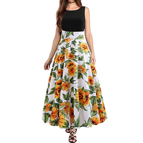 COZOCO Cuello Redondo de Las Mujeres Cintura Estampado Floral Costura Vestido sin Mangas Vestido de Fiesta Cóctel Fiesta Verano（Amarillo，M）