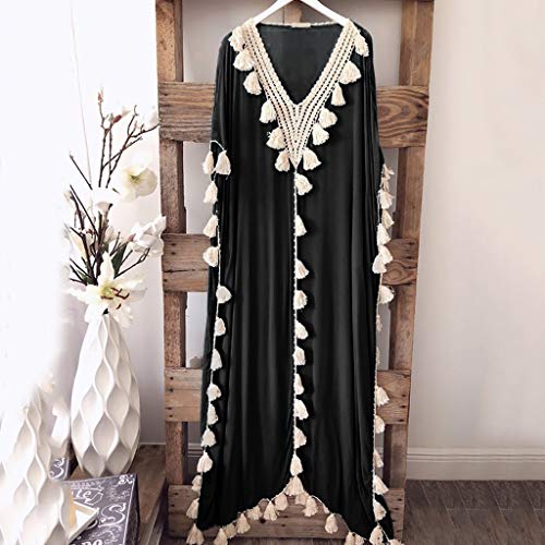 COZOCO Nueva Bohemia Verano Falda Playa Suelta Cintura Vestido Nacional Viento Verano PAI Playa Borla (EU-42/CN-2XL, Negro)