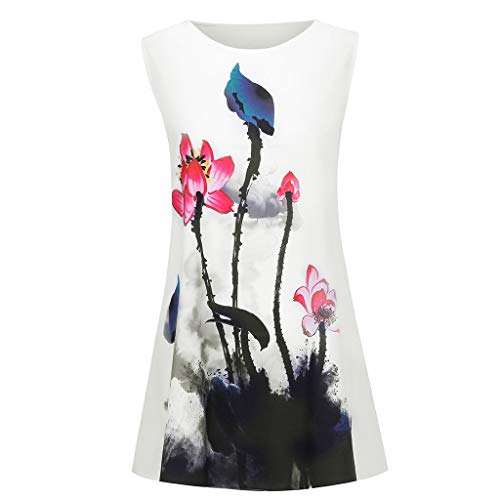 COZOCO Vestido Corto sin Mangas con Estampado de Playa de Verano de Boho para Mujer sin Mangas（Blanco，XXL）