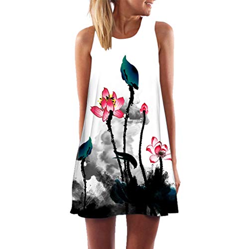 COZOCO Vestido Corto sin Mangas con Estampado de Playa de Verano de Boho para Mujer sin Mangas（Blanco，XXL）