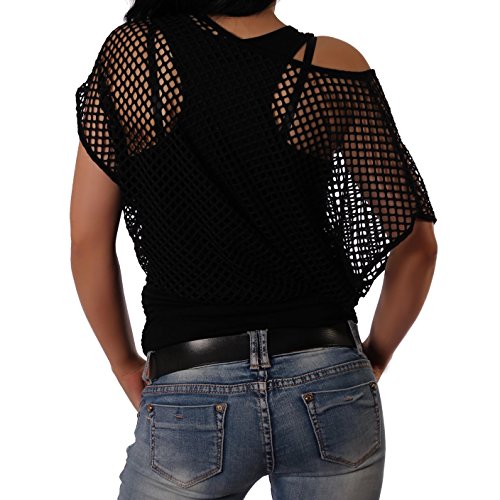 Crazy Age - Camiseta de verano para mujer, en diseño de red, a la moda, para verano, fiestas, en colores neón Negro S-M