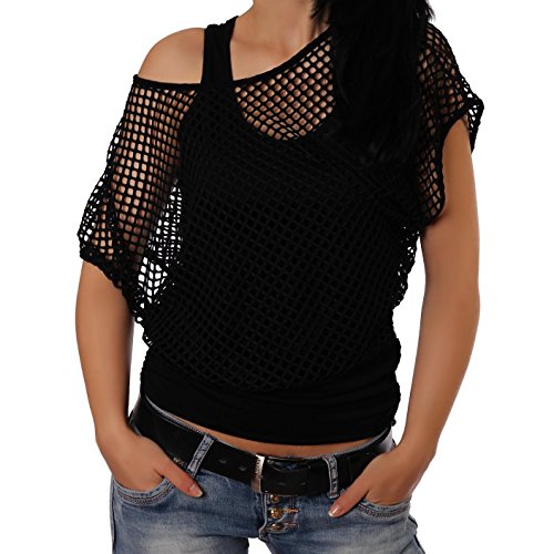 Crazy Age - Camiseta de verano para mujer, en diseño de red, a la moda, para verano, fiestas, en colores neón Negro S-M