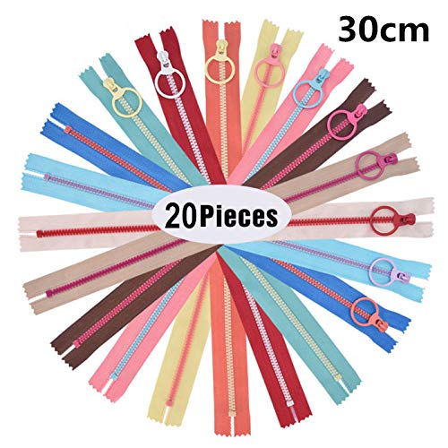 Cremalleras de Colores,Cremalleras de Resina 20 Piezas 30cm Cremalleras de Costura con Anillo de Metal para Sastre Costura Manualidades Bolsa Ropa