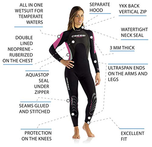 Cressi Morea Lady Monopiece Wetsuit 3mm Traje de Buceo Neopreno, Mujer, Negro/Rosa/Plata, M/3