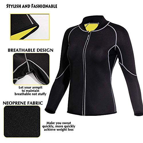 CRMY Traje de Sauna para Adelgazar con Sudor para Mujer, Camisa de Entrenamiento de Neopreno, Moldeador de Cuerpo, Cremallera, Chaqueta Delgada para Fitness, Fajas de Manga Larga (Size : S)
