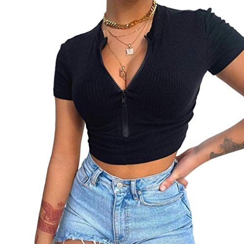 Crop Top Mujer Camisetas Manga Corta Verano Cuello en V Sexy Casual Algodón Blusas Tops con Cremallera Camisetas Elásticas con Cuello Alto (S, Negro)