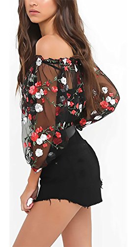 Crop Top Mujer Primavera Camisetas T-Shirt Manga Larga Transparentes Tul Sin Hombro Camisas Elegantes Vintage Moda Bordadas De Flores Blusas Camiseta Negro