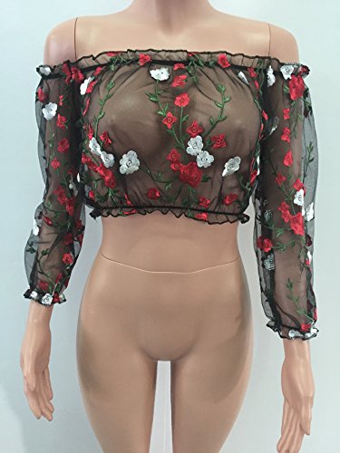 Crop Top Mujer Primavera Camisetas T-Shirt Manga Larga Transparentes Tul Sin Hombro Camisas Elegantes Vintage Moda Bordadas De Flores Blusas Camiseta Negro