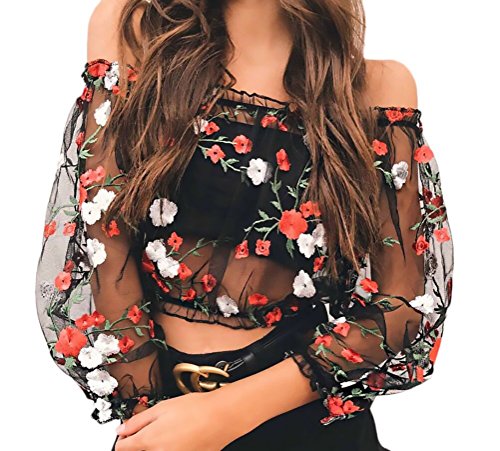 Crop Top Mujer Primavera Camisetas T-Shirt Manga Larga Transparentes Tul Sin Hombro Camisas Elegantes Vintage Moda Bordadas De Flores Blusas Camiseta Negro