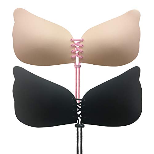 CtopoGo 2 Pack Sujetador Adhesivo, Sin Tirantes Mujeres Reutilizable Invisible Sujetador Push UP Bra con Gel Adhesivo y Ajustable,Mujer para El Vestido de La Boda (B, Negro+Rosa)