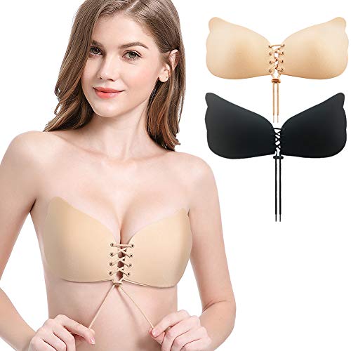 CtopoGo 2 Pack Sujetador Adhesivo, Sin Tirantes Mujeres Reutilizable Invisible Sujetador Push UP Bra con Gel Adhesivo y Ajustable,Mujer para El Vestido de La Boda (B, Negro+Rosa)