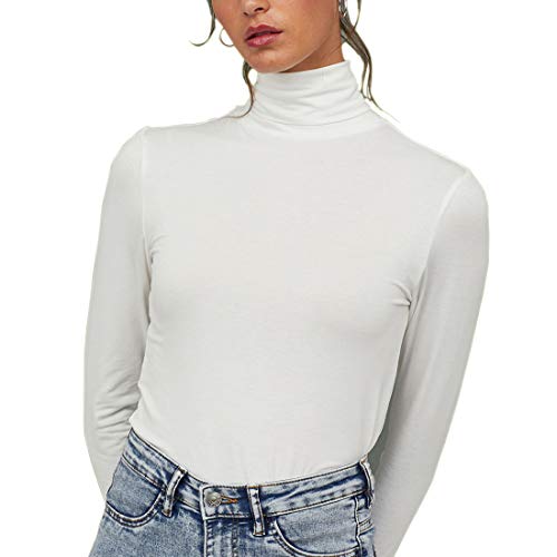 Cuello Alto Camisetas de Manga Larga Mujer Algodón Negro Marca Moda Caual Slim Camisas Ropa (Blanco, XL)