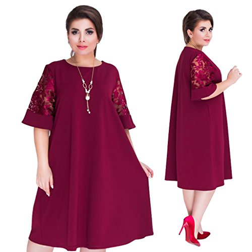 Cuigu 2018 - Vestido de verano de encaje suelto, talla grande, para mujer, hasta la rodilla, vestido de oficina Rojo rojo vino 60