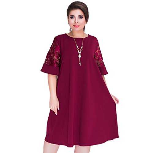 Cuigu 2018 - Vestido de verano de encaje suelto, talla grande, para mujer, hasta la rodilla, vestido de oficina Rojo rojo vino 60