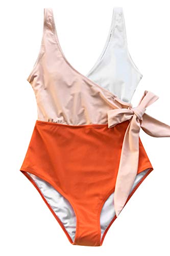 CUPSHE Bañador Mujer Anudado Traje de baño con Escote en V Bañador de Una Pieza Naranja, XL