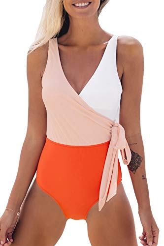 CUPSHE Bañador Mujer Anudado Traje de baño con Escote en V Bañador de Una Pieza Naranja, XL