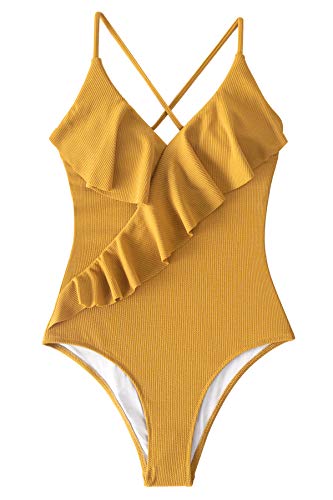 CUPSHE Bañador Mujer Volante Cuello en V Traje de Baño de Una Pieza, Amarillo,M