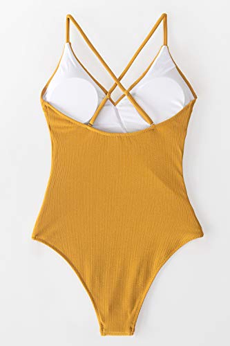 CUPSHE Bañador Mujer Volante Cuello en V Traje de Baño de Una Pieza, Amarillo,M