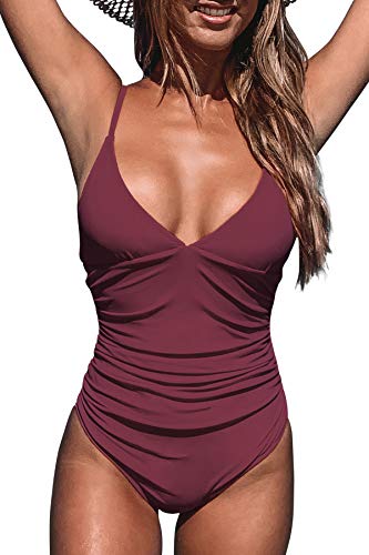 CUPSHE Bañador para Mujer Cuello en V Fruncido Braguita Reductora Traje de Baño de Una Pieza, M