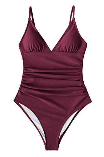 CUPSHE Bañador para Mujer Cuello en V Fruncido Braguita Reductora Traje de Baño de Una Pieza, XL