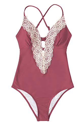 CUPSHE Bañador para Mujer Cuello en V Lace Halter Traje de Baño (Pasta de Judía, XX-Large)