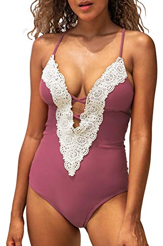 CUPSHE Bañador para Mujer Cuello en V Lace Halter Traje de Baño (Pasta de Judía, XX-Large)