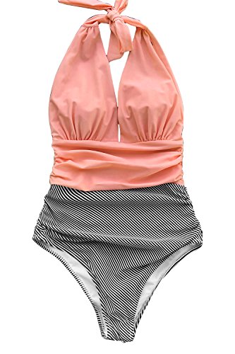 CUPSHE Bañador para Mujer Halter Cuello en V Fruncido Traje de Baño de Una Pieza, Rosa, XL