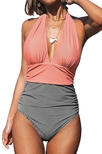 CUPSHE Bañador para Mujer Halter Cuello en V Fruncido Traje de Baño de Una Pieza, Rosa, XL