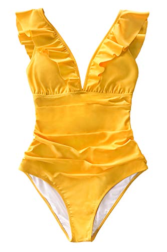 CUPSHE Bañador para Mujer Volante Cuello en V Fruncido Traje de Baño de Una Pieza,Amarillo,S