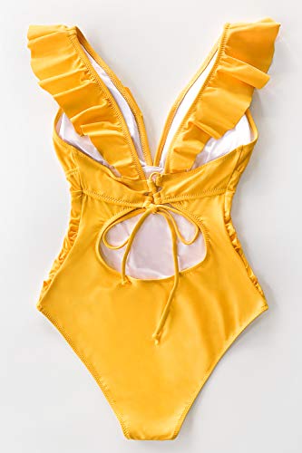 CUPSHE Bañador para Mujer Volante Cuello en V Fruncido Traje de Baño de Una Pieza,Amarillo,S