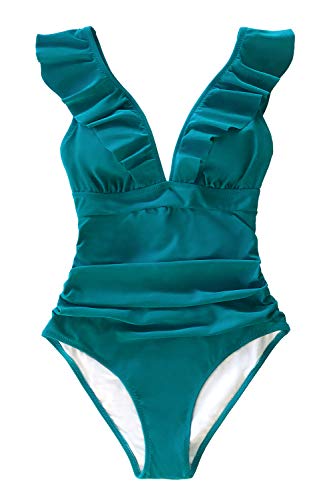 CUPSHE Bañador para Mujer Volante Cuello en V Fruncido Traje de Baño de Una Pieza,Azul,M