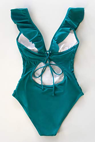 CUPSHE Bañador para Mujer Volante Cuello en V Fruncido Traje de Baño de Una Pieza,Azul,M