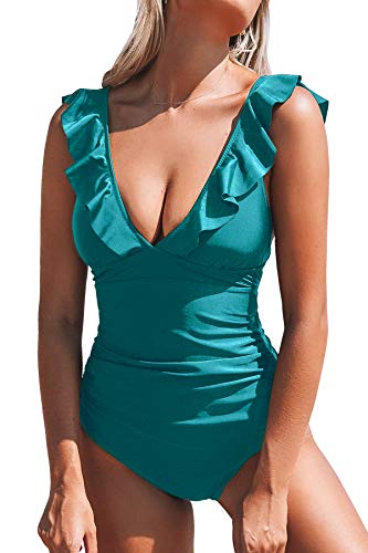 CUPSHE Bañador para Mujer Volante Cuello en V Fruncido Traje de Baño de Una Pieza,Azul,M