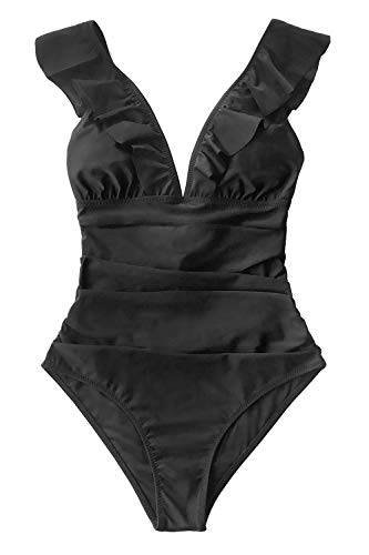 CUPSHE Bañador para Mujer Volante Cuello en V Fruncido Traje de Baño de Una Pieza,Negro,S