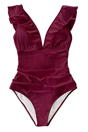 CUPSHE Bañador para Mujer Volante Cuello en V Fruncido Traje de Baño de Una Pieza,Rojo,S