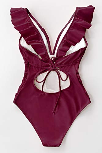 CUPSHE Bañador para Mujer Volante Cuello en V Fruncido Traje de Baño de Una Pieza,Rojo,S