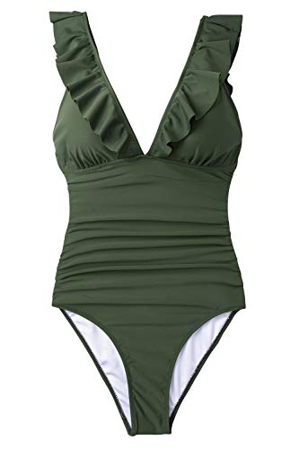 CUPSHE Bañador para Mujer Volante Cuello en V Fruncido Traje de Baño de Una Pieza,Verde,L