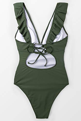 CUPSHE Bañador para Mujer Volante Cuello en V Fruncido Traje de Baño de Una Pieza,Verde,L