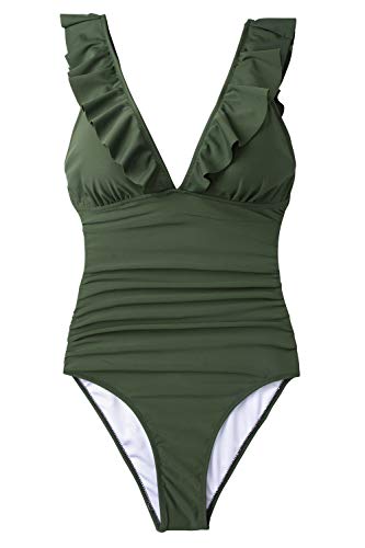 CUPSHE Bañador para Mujer Volante Cuello en V Fruncido Traje de Baño de Una Pieza,Verde,XS