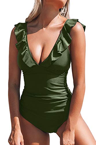 CUPSHE Bañador para Mujer Volante Cuello en V Fruncido Traje de Baño de Una Pieza,Verde,XS