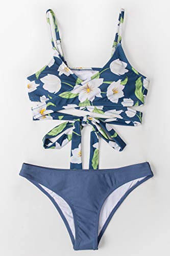 CUPSHE Conjunto de Bikini Mujer Floral Anudado Cintura Baja Traje de Baño de Dos Piezas, L