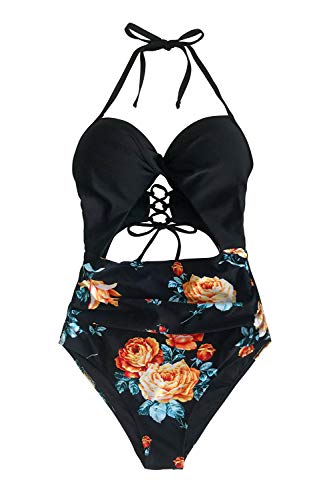 CUPSHE Mujer Bañador de Cuello Halter con Estampado Floral Traje de Baño de Una Pieza Negro M