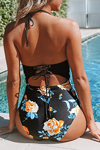 CUPSHE Mujer Bañador de Cuello Halter con Estampado Floral Traje de Baño de Una Pieza Negro M