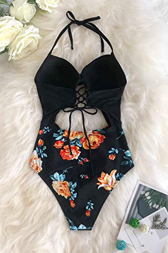 CUPSHE Mujer Bañador de Cuello Halter con Estampado Floral Traje de Baño de Una Pieza Negro M