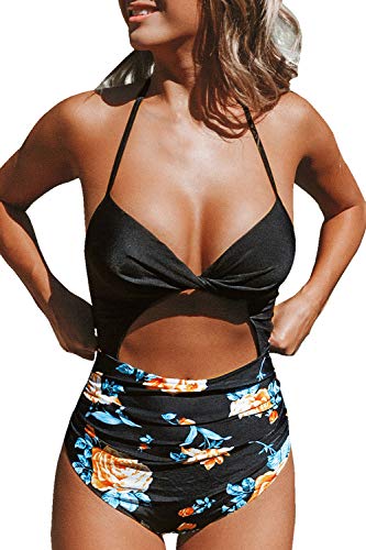 CUPSHE Mujer Bañador de Cuello Halter con Estampado Floral Traje de Baño de Una Pieza Negro M