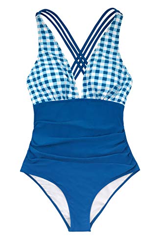 CUPSHE Mujer Traje de Baño a Cuadros Bañador Escote en V Traje de Baño Una Pieza Azul M