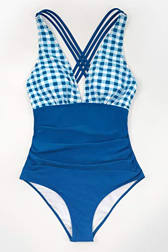 CUPSHE Mujer Traje de Baño a Cuadros Bañador Escote en V Traje de Baño Una Pieza Azul M
